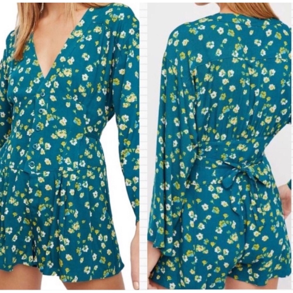 Free People Teal Floral‎ Button Front Tie Back Romper L'Amour Long Sleeve Size 6
